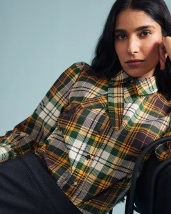 Janet Tie-Neck Cotton Poplin Shirt Brown Plaid