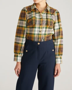 Janet Tie-Neck Cotton Poplin Shirt Brown Plaid
