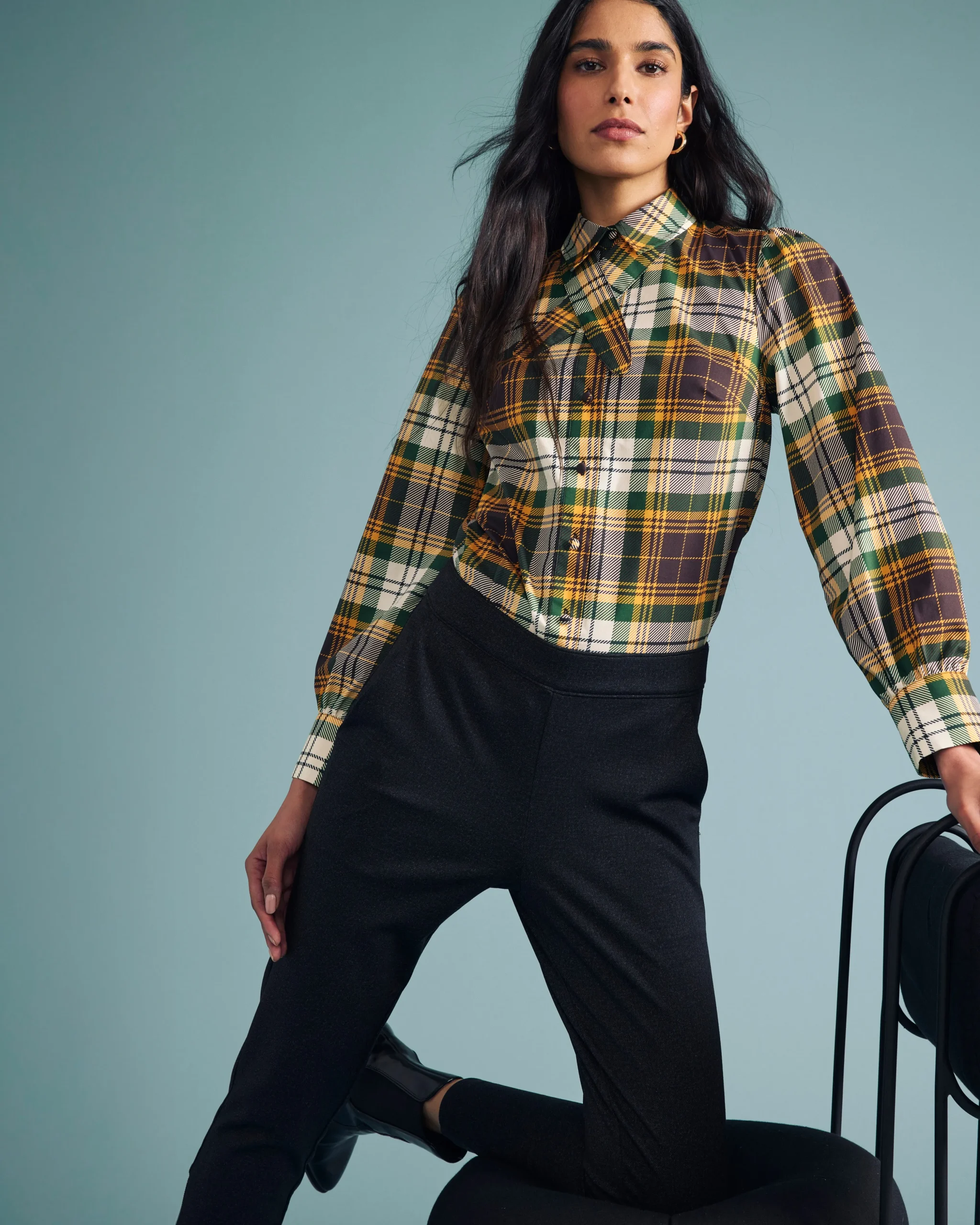 Janet Tie-Neck Cotton Poplin Shirt Brown Plaid