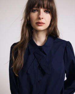 Janet Tie-Neck Cotton Poplin Shirt Navy