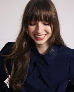 Janet Tie-Neck Cotton Poplin Shirt Navy