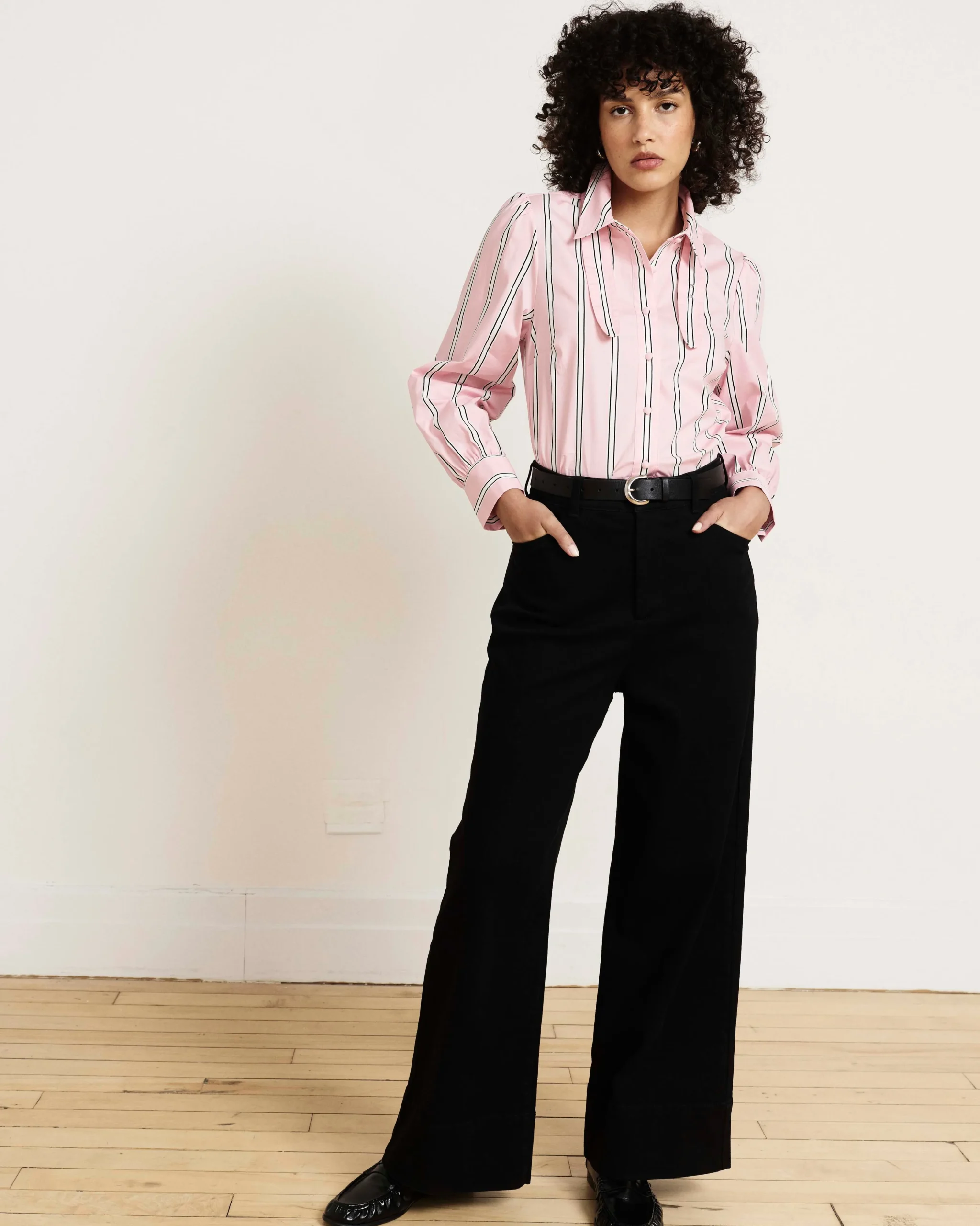 Janet Tie-Neck Cotton Poplin Shirt Pink Horizon Stripe