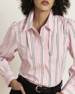Janet Tie-Neck Cotton Poplin Shirt Pink Horizon Stripe
