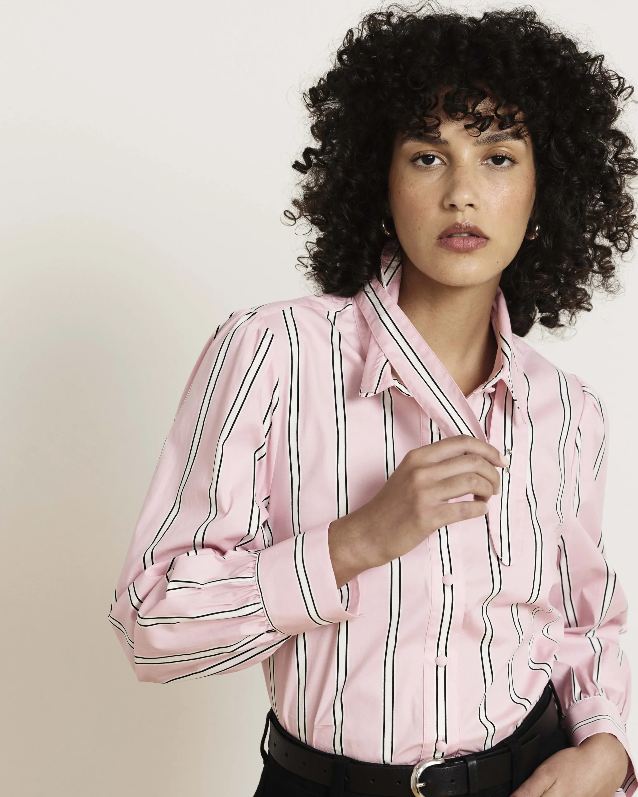 Janet Tie-Neck Cotton Poplin Shirt Pink Horizon Stripe