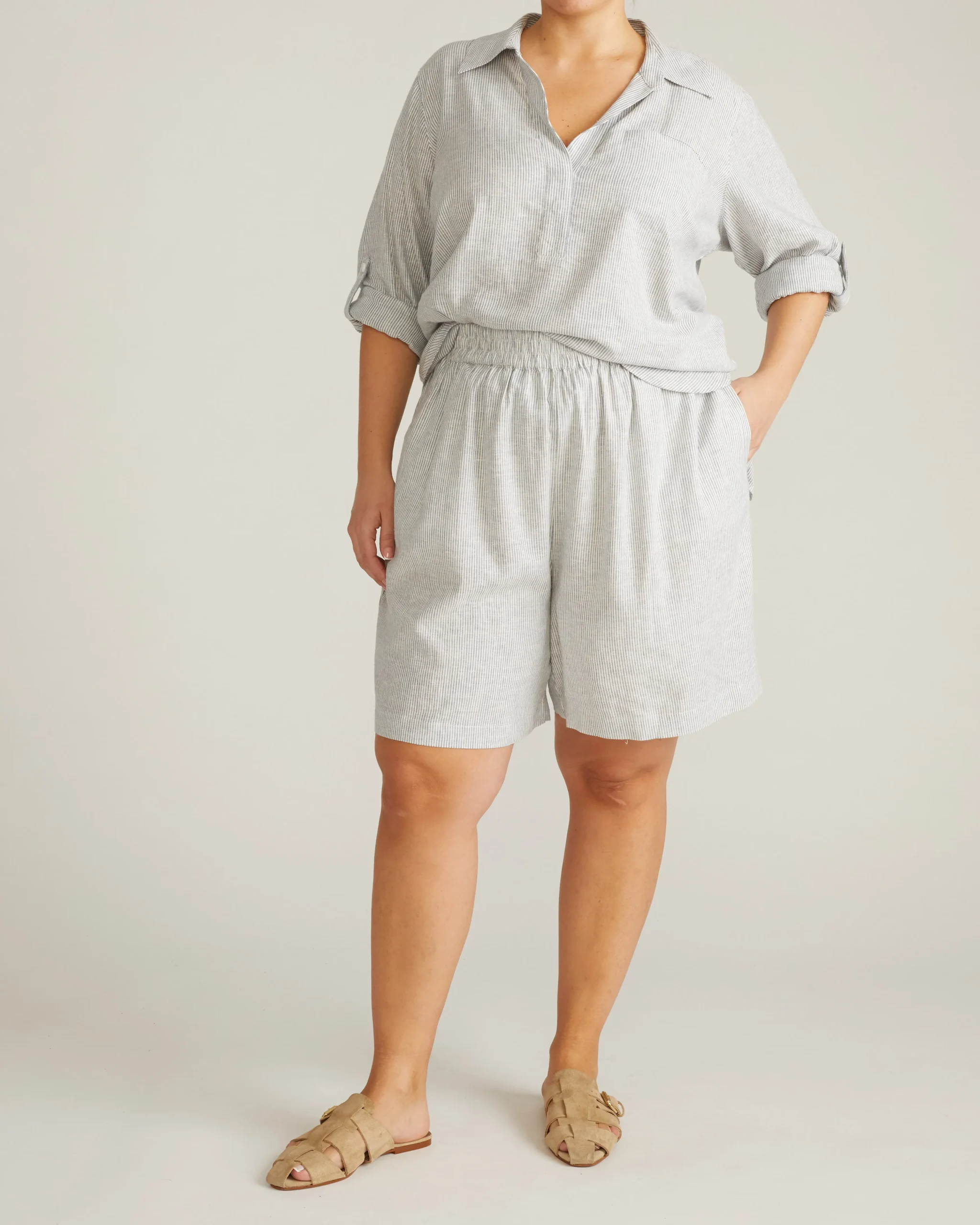 Juniper Linen Blend Easy Pull-On Shorts Beach Stripe
