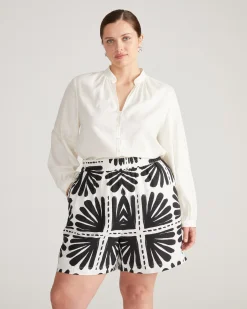 Juniper Linen Blend Easy Pull-On Shorts Ink Bloom Print