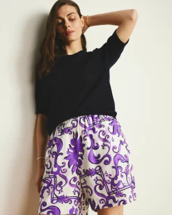 Juniper Linen Blend Easy Pull-On Shorts Purple Majolica Print