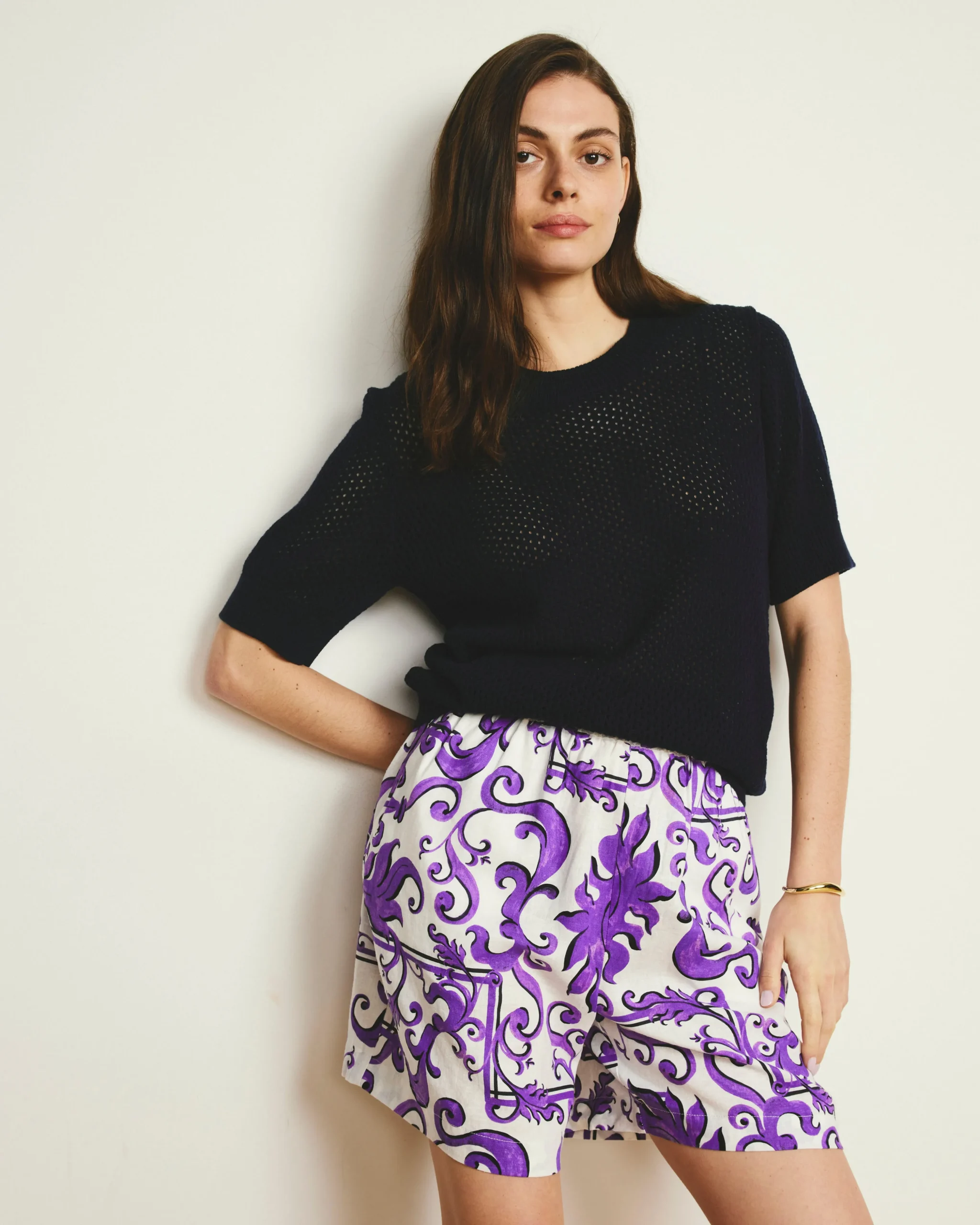 Juniper Linen Blend Easy Pull-On Shorts Purple Majolica Print