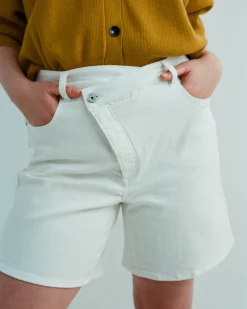 Katie High Rise Crossover Denim Shorts White