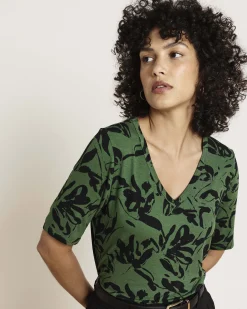 Lily Liquid Jersey V-Neck Stovepipe Tee Green Sgraffito Print