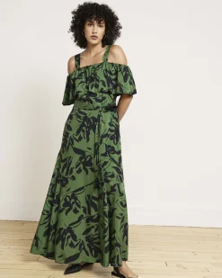 Lisbon Convertible Stretch Cupro Maxi Dress Green Sgraffito Print