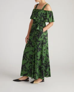 Lisbon Convertible Stretch Cupro Maxi Dress Green Sgraffito Print