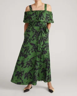 Lisbon Convertible Stretch Cupro Maxi Dress Green Sgraffito Print