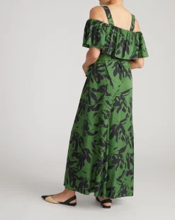 Lisbon Convertible Stretch Cupro Maxi Dress Green Sgraffito Print