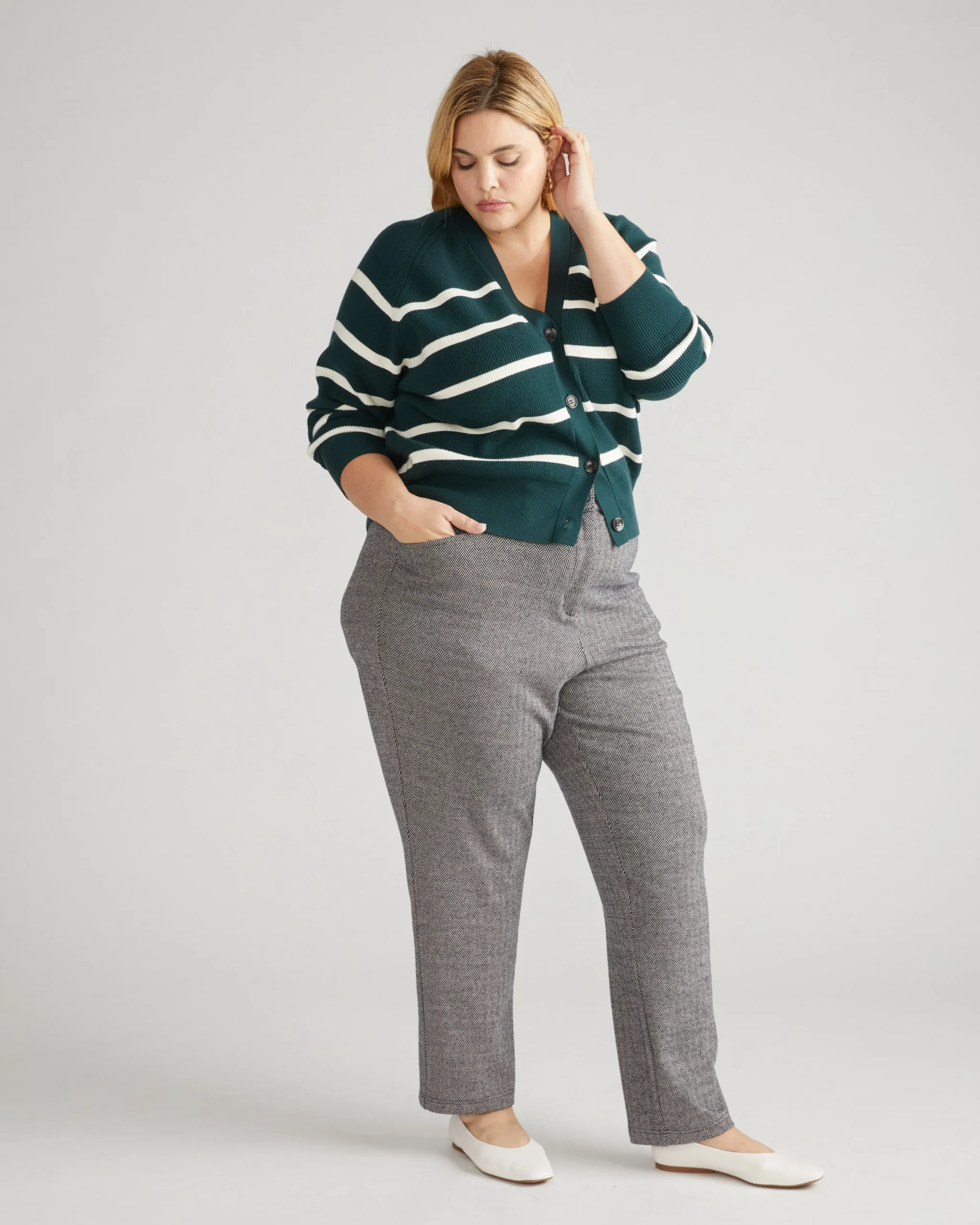 Long Cigarette Ponte Pants Herringbone Tweed