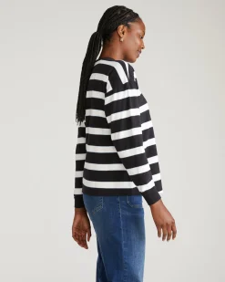 Long Sleeve Relaxed Tee Black/White Stripe with Aqua Edge