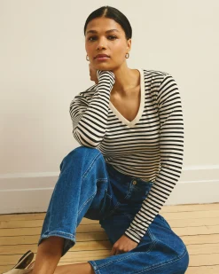 Long Sleeve V Rex Ecru/Black Stripe