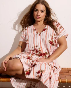 Louvre Bow Back Linen Blend Dress Wild Flower Bouquet Print on Stripes