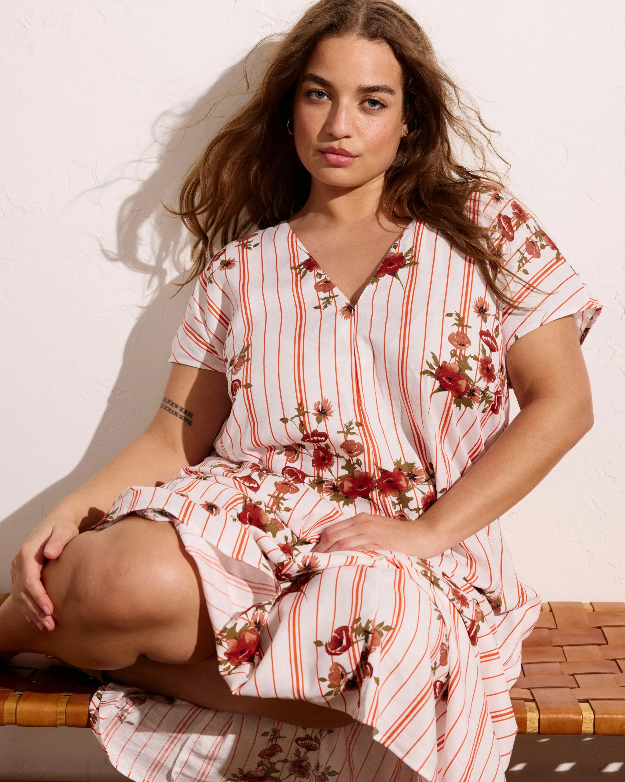 Louvre Bow Back Linen Blend Dress Wild Flower Bouquet Print on Stripes