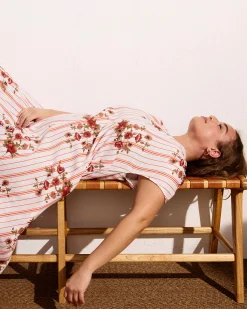 Louvre Bow Back Linen Blend Dress Wild Flower Bouquet Print on Stripes