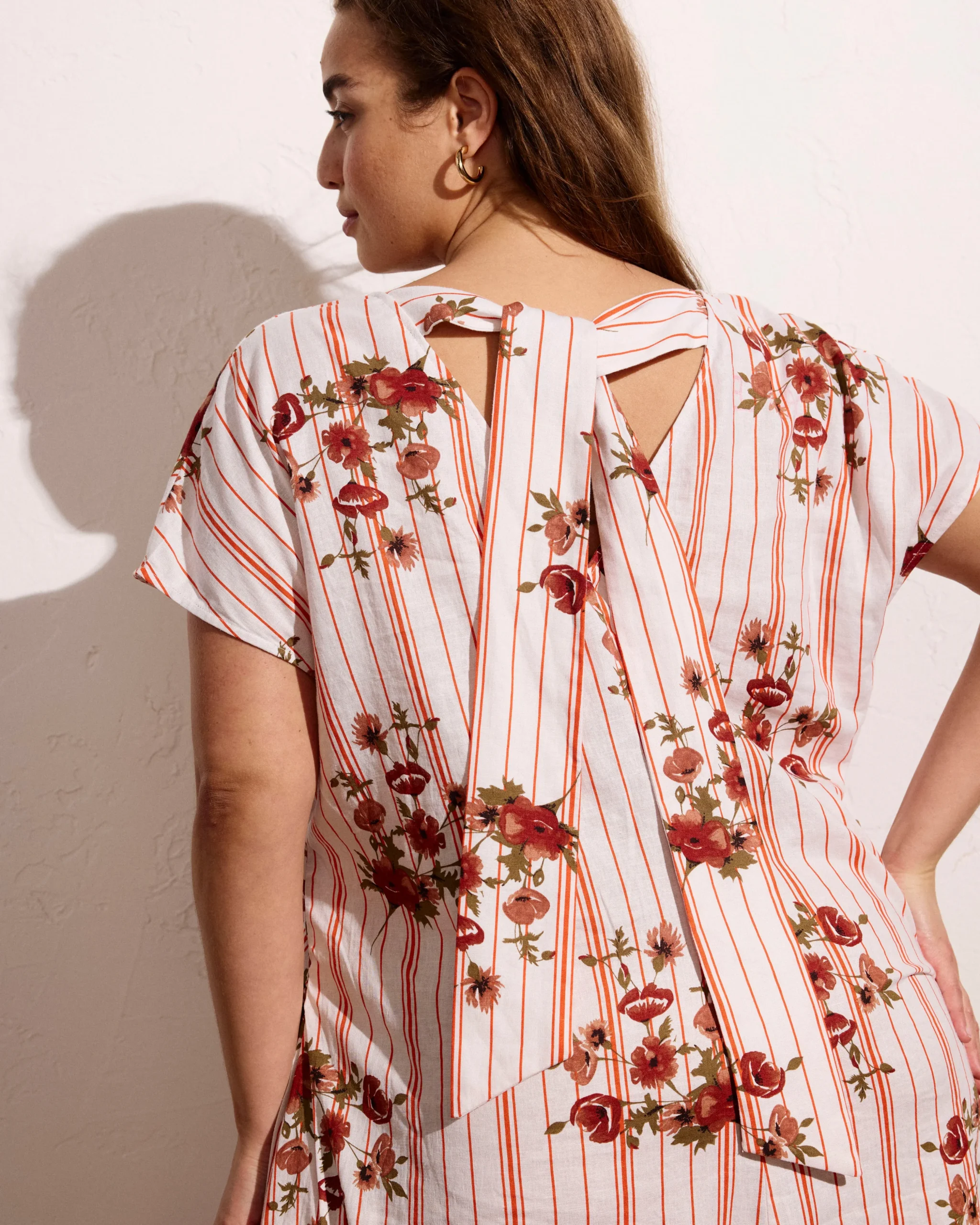 Louvre Bow Back Linen Blend Dress Wild Flower Bouquet Print on Stripes