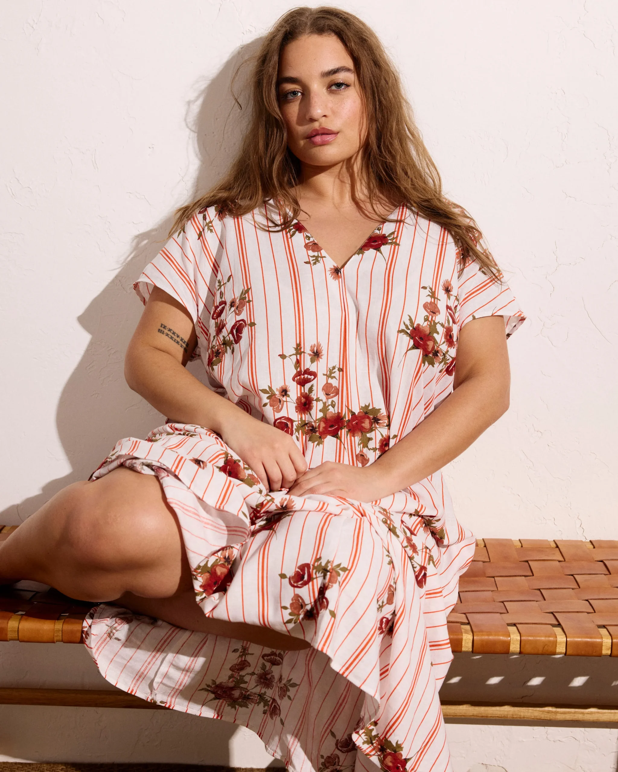 Louvre Bow Back Linen Blend Dress Wild Flower Bouquet Print on Stripes