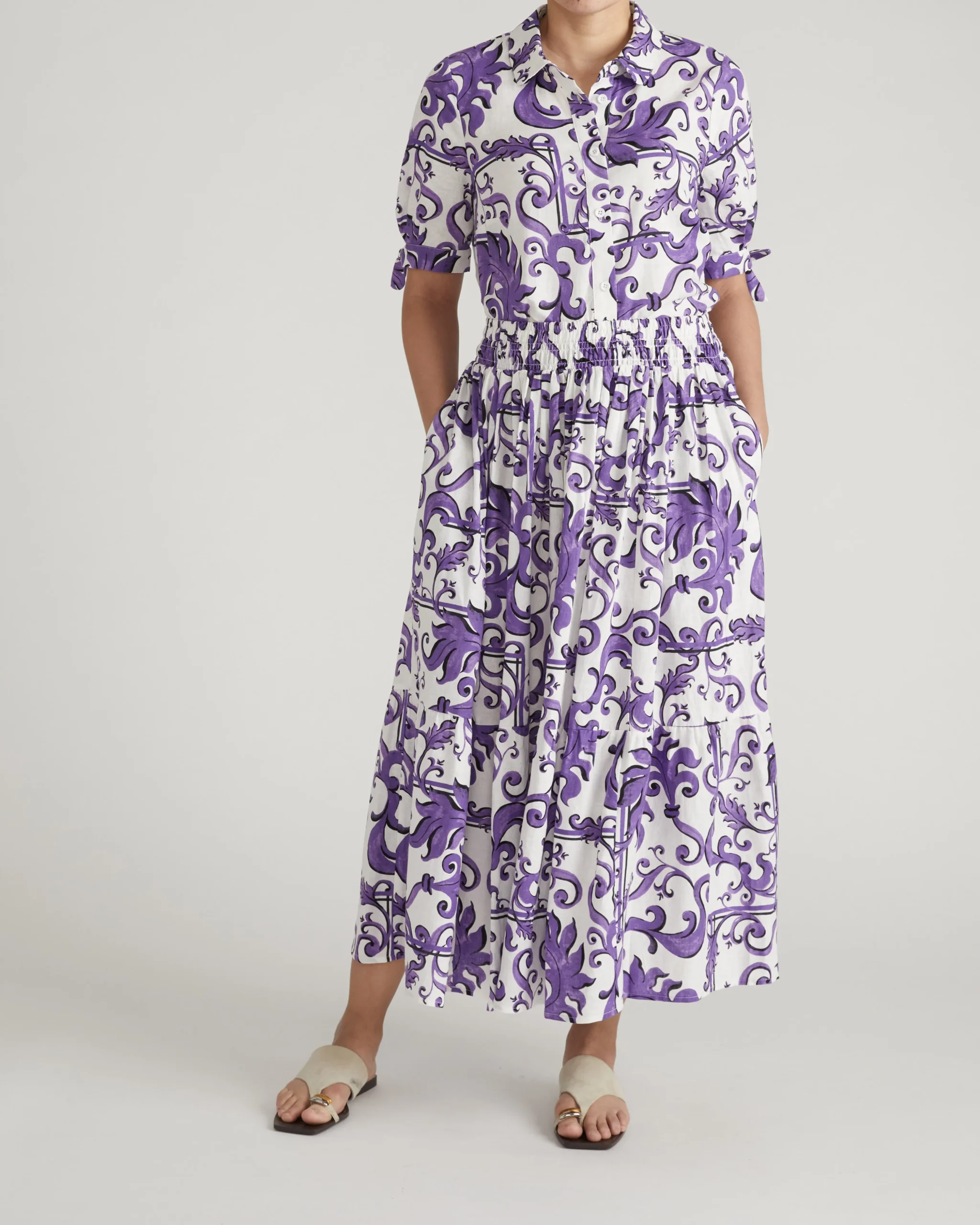 Luisa Short Sleeve Linen Blend Shirt Purple Majolica Print