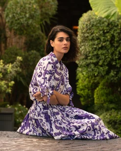 Luisa Short Sleeve Linen Blend Shirt Purple Majolica Print