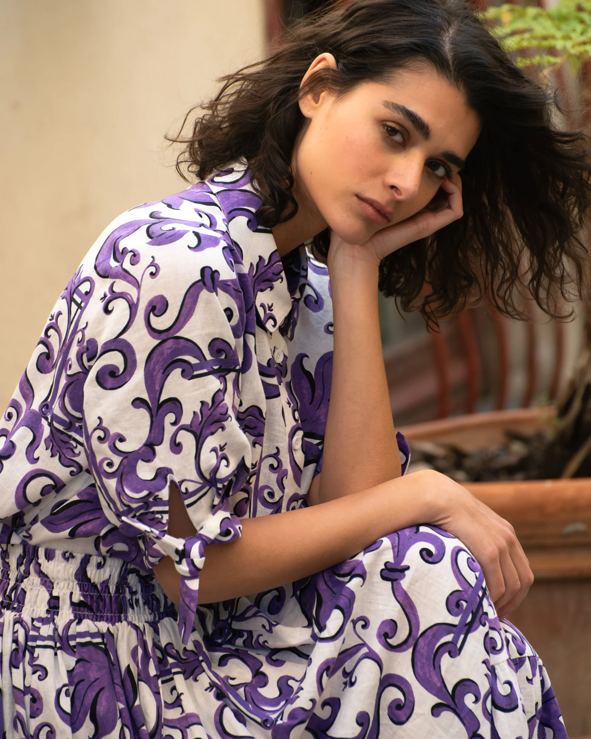 Luisa Short Sleeve Linen Blend Shirt Purple Majolica Print