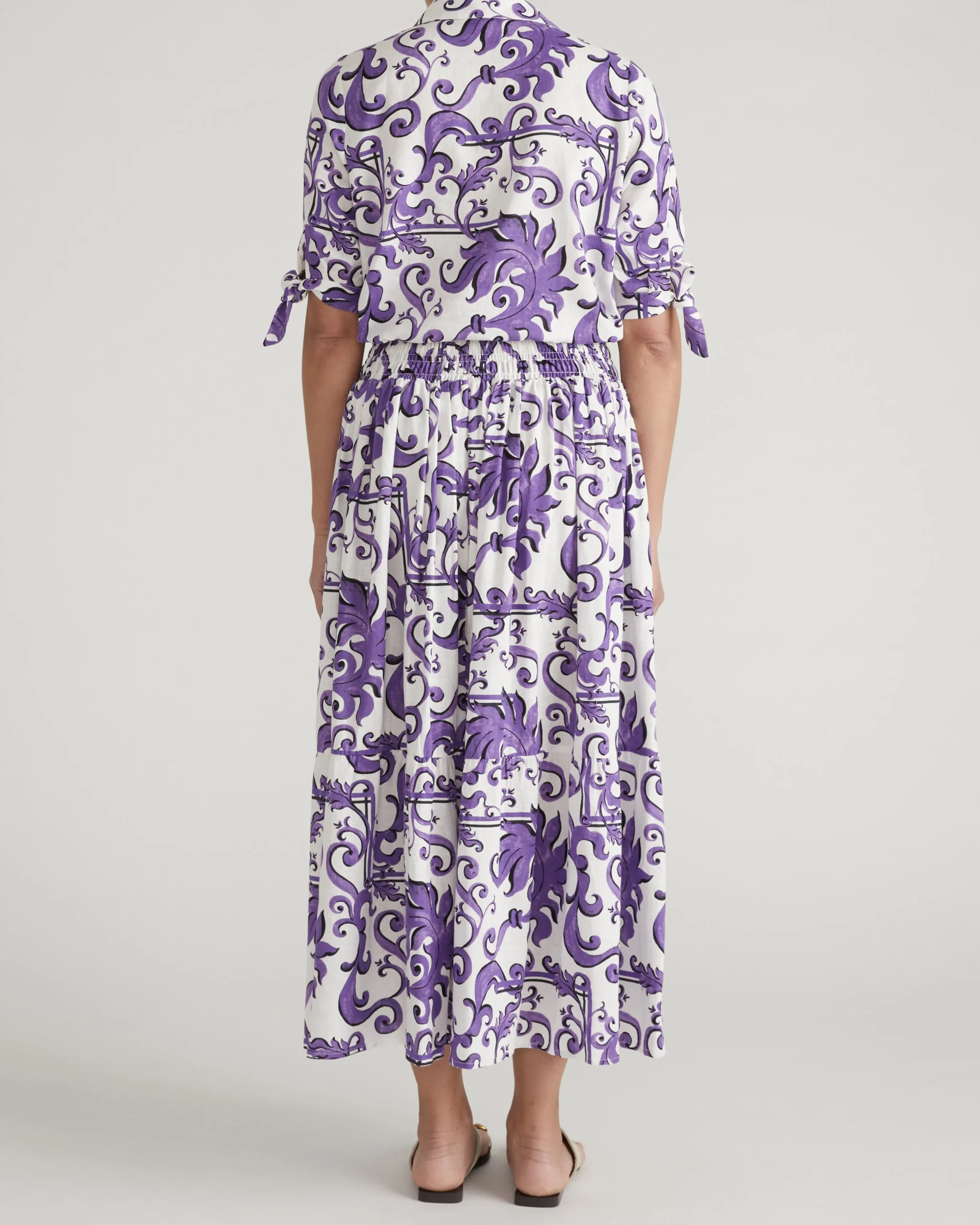 Luisa Short Sleeve Linen Blend Shirt Purple Majolica Print