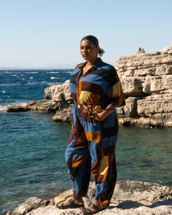 Maggie Barrel Leg Linen Blend Jumpsuit Beach Ombra Print