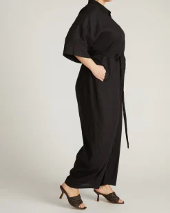 Maggie Barrel Leg Linen Blend Jumpsuit Black