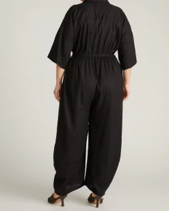 Maggie Barrel Leg Linen Blend Jumpsuit Black