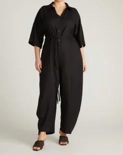 Maggie Barrel Leg Linen Blend Jumpsuit Black
