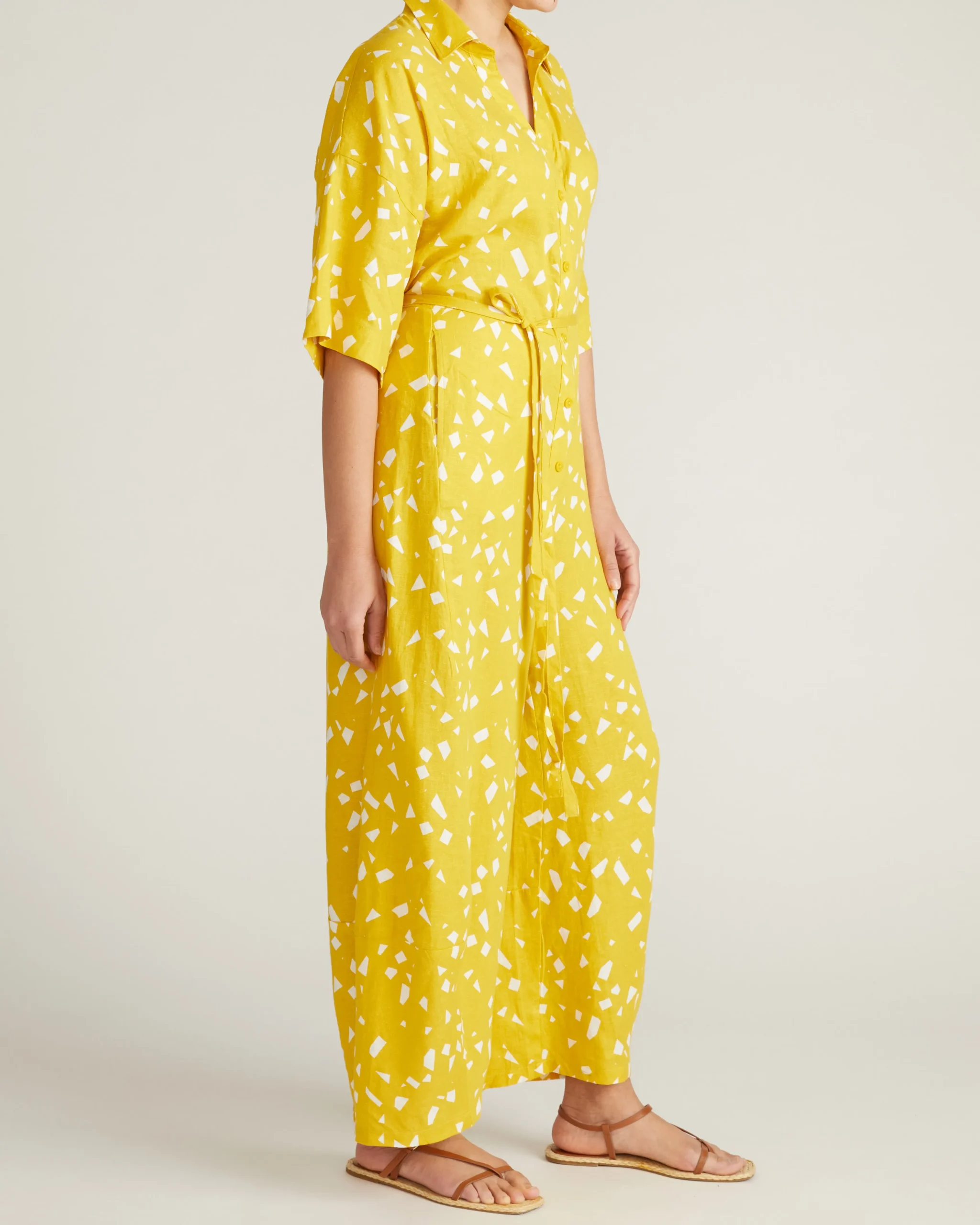 Maggie Barrel Leg Linen Blend Jumpsuit Yellow Confetti Print