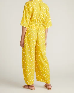 Maggie Barrel Leg Linen Blend Jumpsuit Yellow Confetti Print