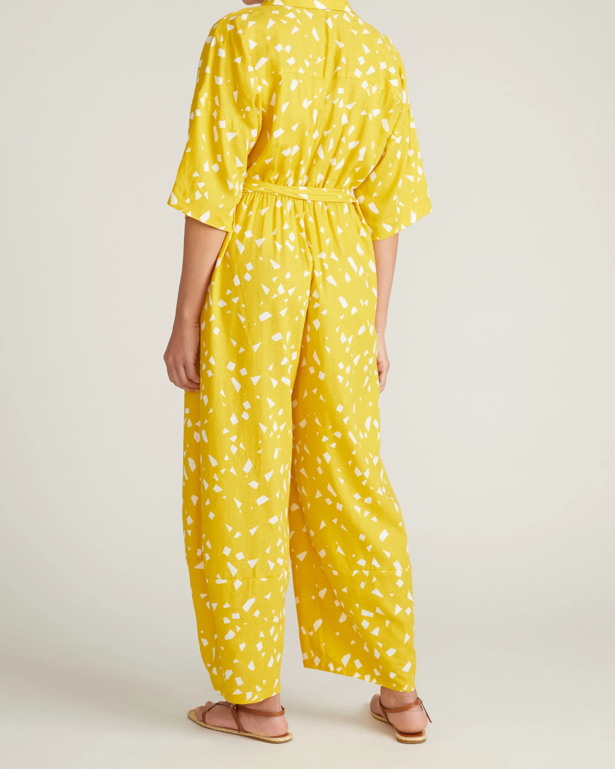 Maggie Barrel Leg Linen Blend Jumpsuit Yellow Confetti Print