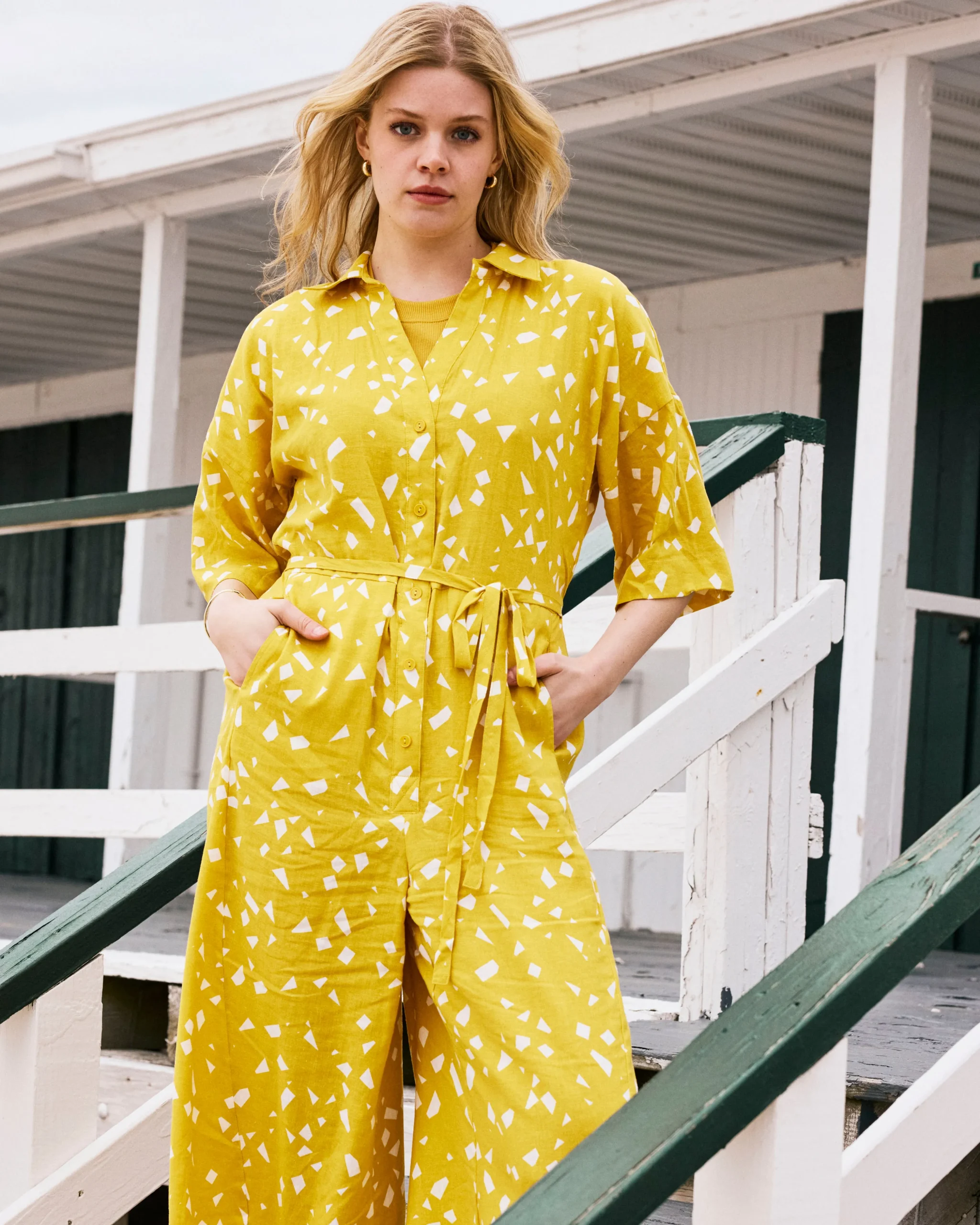 Maggie Barrel Leg Linen Blend Jumpsuit Yellow Confetti Print