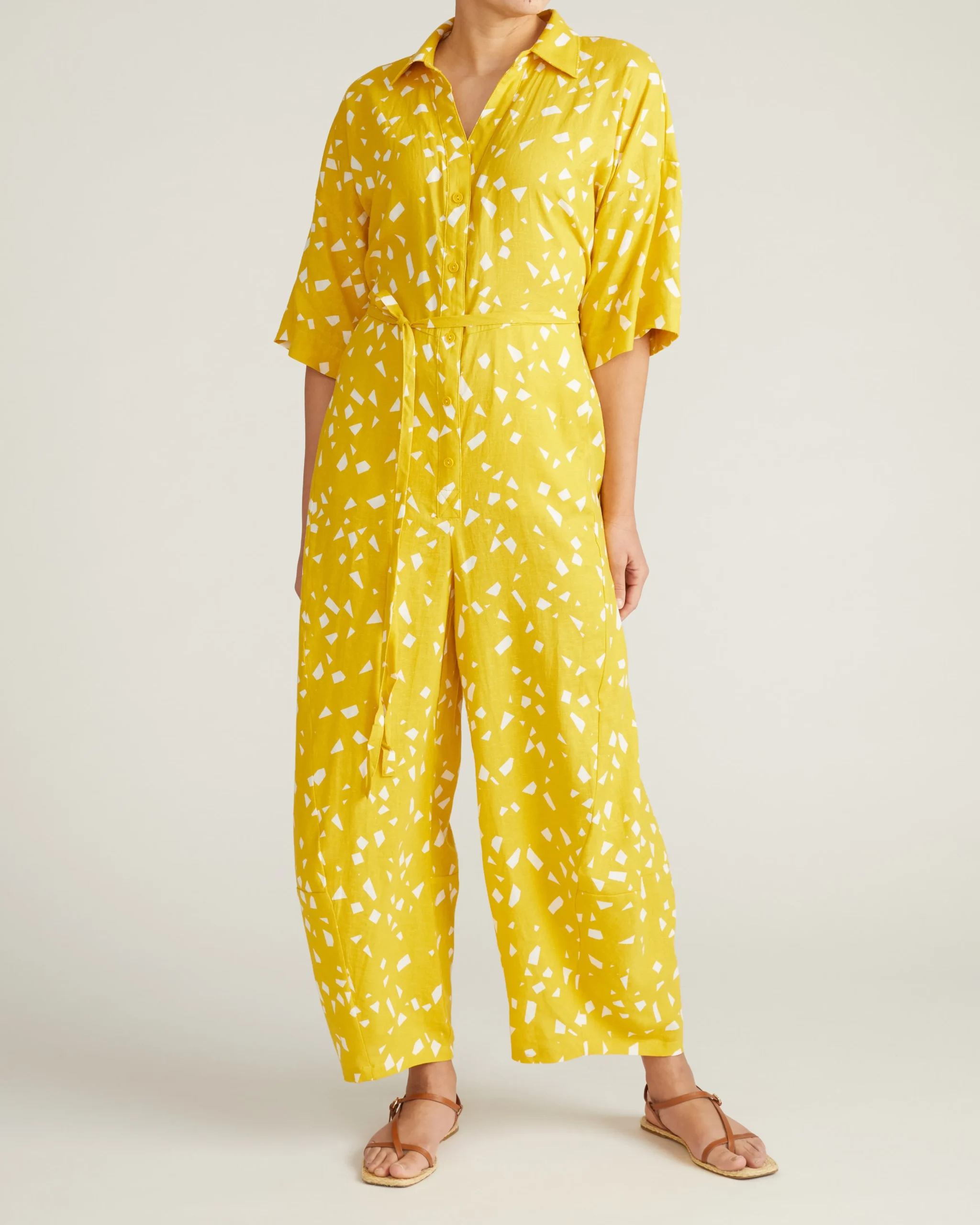 Maggie Barrel Leg Linen Blend Jumpsuit Yellow Confetti Print