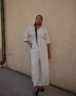 Maggie Barrel Leg Linen Blend Jumpsuit Beach Stripe
