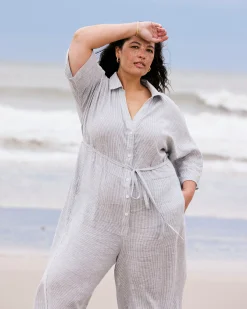Maggie Barrel Leg Linen Blend Jumpsuit Beach Stripe