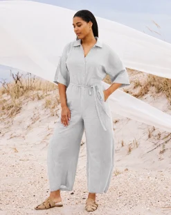 Maggie Barrel Leg Linen Blend Jumpsuit Beach Stripe