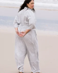Maggie Barrel Leg Linen Blend Jumpsuit Beach Stripe