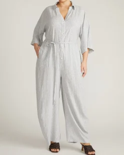 Maggie Barrel Leg Linen Blend Jumpsuit Beach Stripe