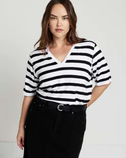Maia Stovepipe Sleeve V Neck Tee Black/White Stripe