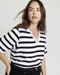 Maia Stovepipe Sleeve V Neck Tee Black/White Stripe