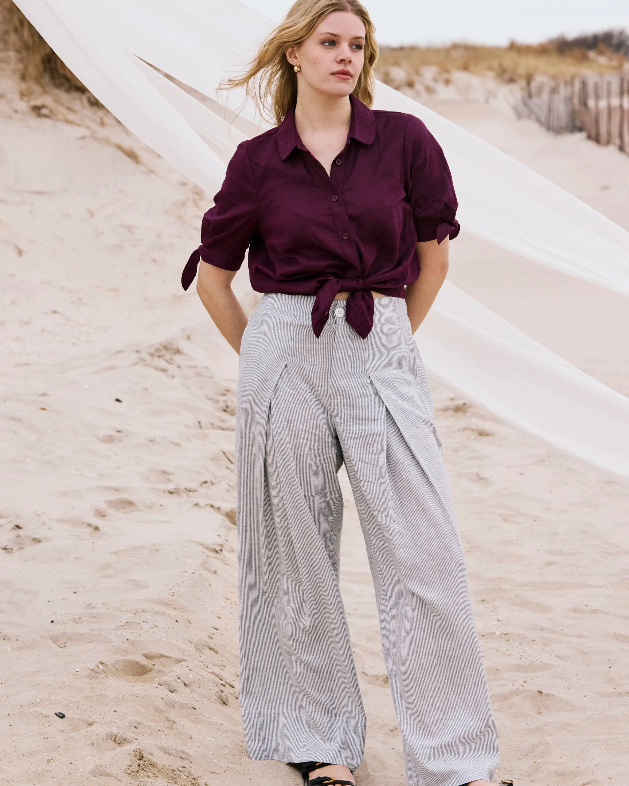 Marley Wide Leg Linen Blend Pants Beach Stripe