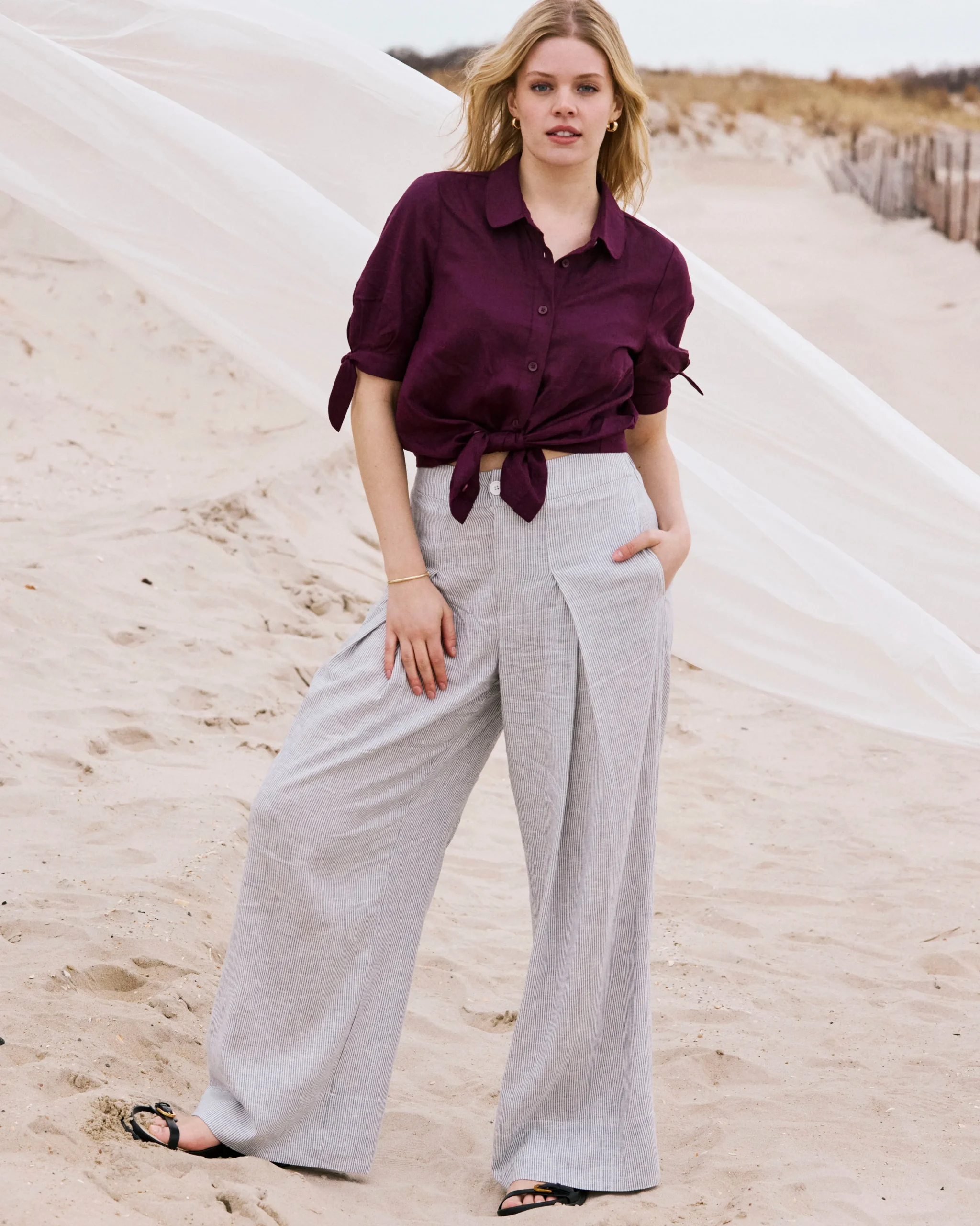 Marley Wide Leg Linen Blend Pants Beach Stripe