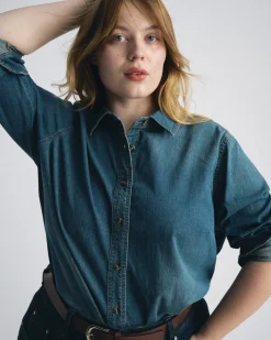 Minimalist Stretch Cotton Chambray Shirt Union City Blue