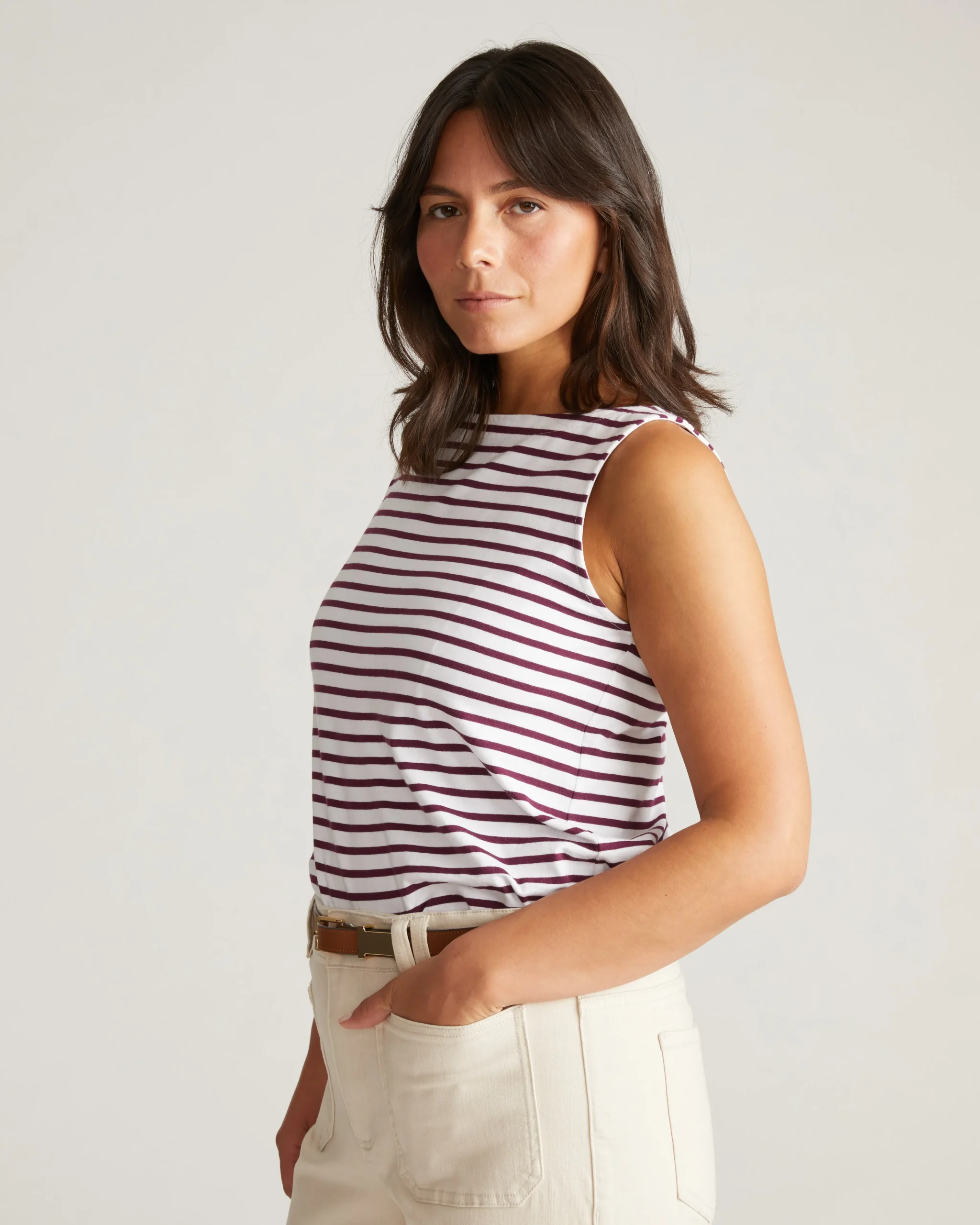 Noyack Breton Stripe Boatneck Tank White/Gamay Stripe